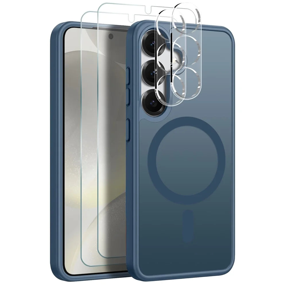 NORTHJO 5 in 1 Set for Samsung Galaxy S24 Magnetic Case Translucent Matte Shockproof Phone Cover with 2Pcs Front Screen Protector + 2Pcs Lens Film - Blue - 1
