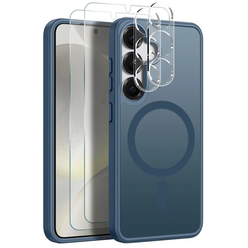 NORTHJO 5 in 1 Set for Samsung Galaxy S24+ Magnetic Case Translucent Matte Shockproof Phone Cover with 2Pcs Front Screen Protector + 2Pcs Lens Film - Blue - 1
