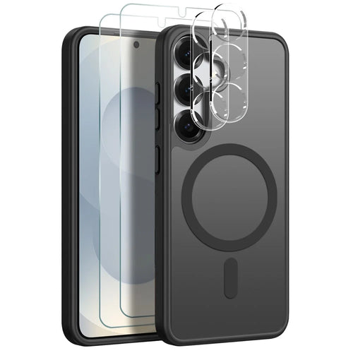 NORTHJO 5 in 1 Set for Samsung Galaxy S25 Magnetic Case Translucent Matte Shockproof Phone Cover with 2Pcs Front Screen Protector + 2Pcs Lens Film - Black - 1