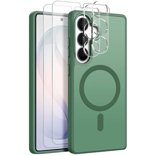 NORTHJO 5 in 1 Set for Samsung Galaxy S26 Magnetic Case Translucent Matte Shockproof Phone Cover with 2Pcs Front Screen Protector + 2Pcs Lens Film - Green - 1