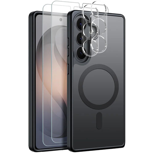 NORTHJO 5 in 1 Set for Samsung Galaxy S26+ Magnetic Case Translucent Matte Shockproof Phone Cover with 2Pcs Front Screen Protector + 2Pcs Lens Film - Black - 1
