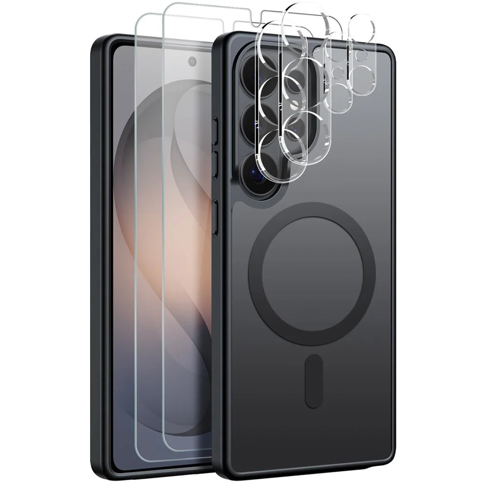 NORTHJO 5 in 1 Set for Samsung Galaxy S26 Ultra Magnetic Case Translucent Matte Shockproof Phone Cover with 2Pcs Front Screen Protector + 2Pcs Lens Film - Black - 1