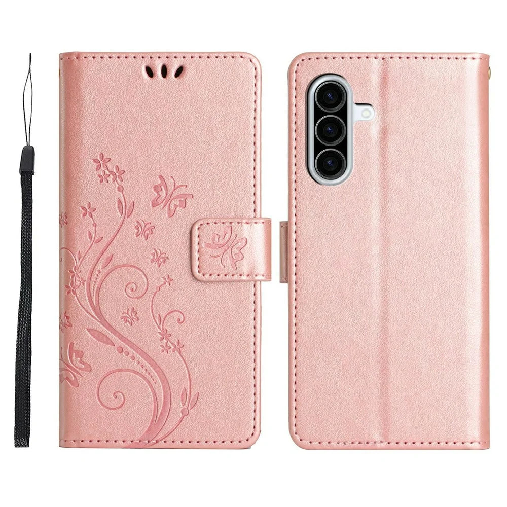 For Samsung Galaxy A27 5G Leather Wallet Case Butterfly Flower Imprinted Phone Cover with Strap - Rose Gold - 1