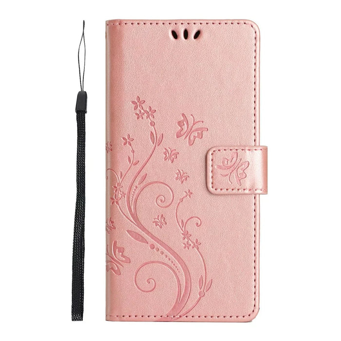 For Samsung Galaxy A27 5G Leather Wallet Case Butterfly Flower Imprinted Phone Cover with Strap - Rose Gold - 6