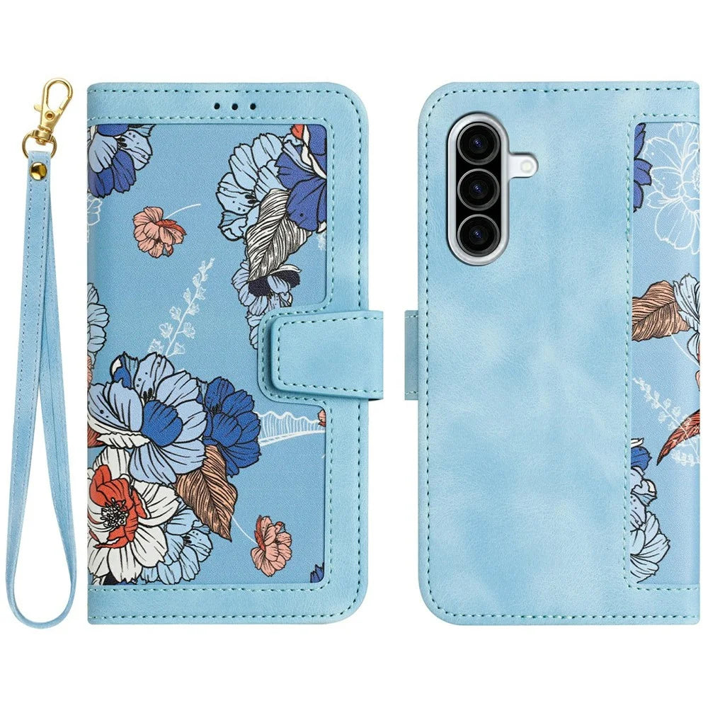 For Samsung Galaxy A27 5G Case PU Leather Floral Phone Cover with Card Slots and Wrist Strap - Baby Blue - 1