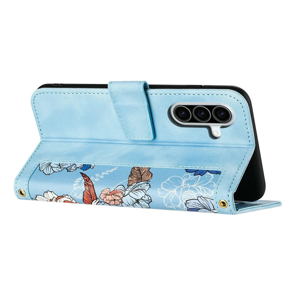 For Samsung Galaxy A27 5G Case PU Leather Floral Phone Cover with Card Slots and Wrist Strap - Baby Blue - 3