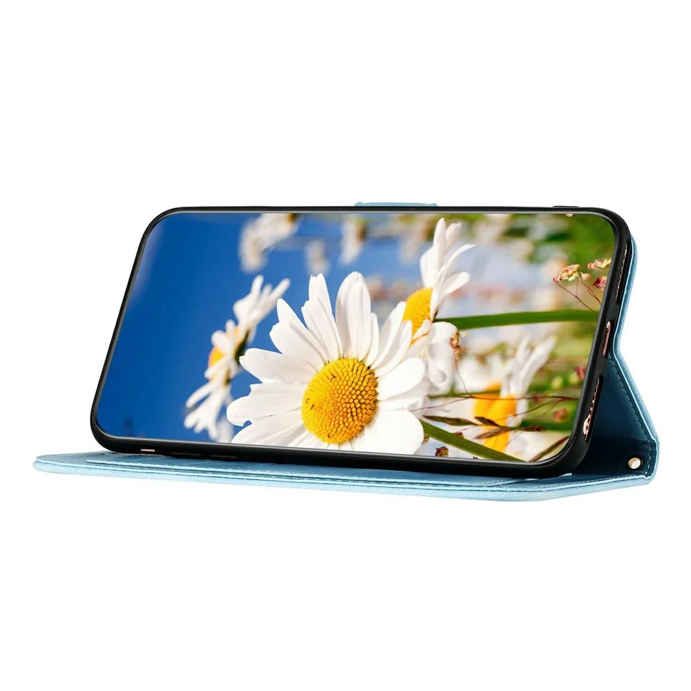 For Samsung Galaxy A27 5G Case PU Leather Floral Phone Cover with Card Slots and Wrist Strap - Baby Blue - 4