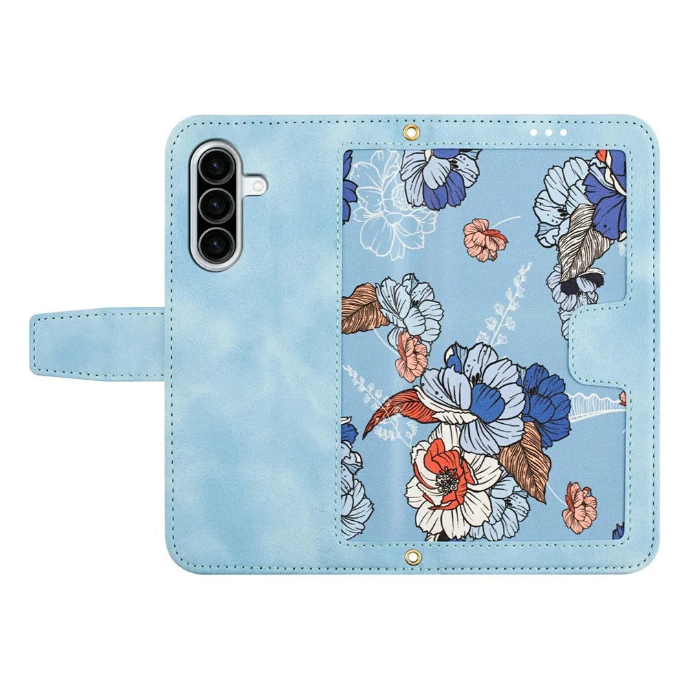 For Samsung Galaxy A27 5G Case PU Leather Floral Phone Cover with Card Slots and Wrist Strap - Baby Blue - 5