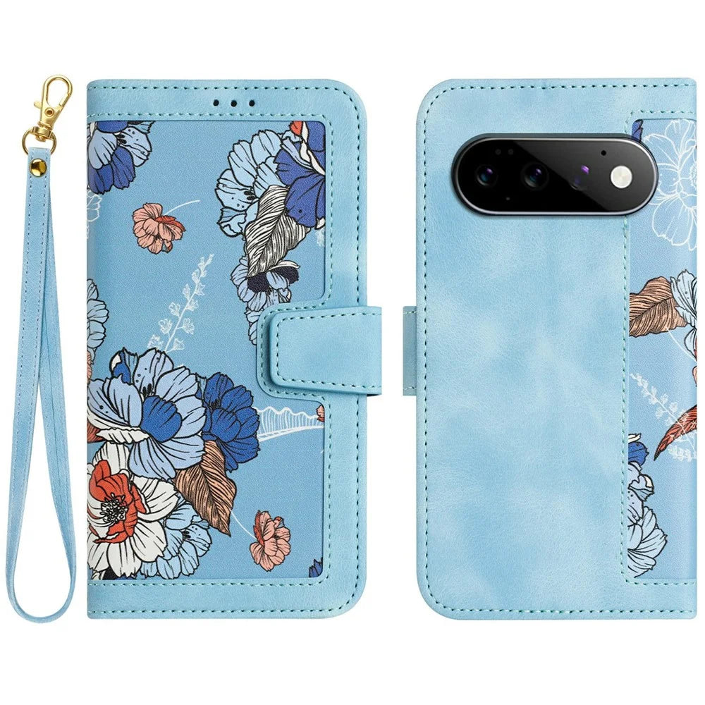 For Google Pixel 11 Pro Case PU Leather Floral Phone Cover with Card Slots and Wrist Strap - Baby Blue - 1