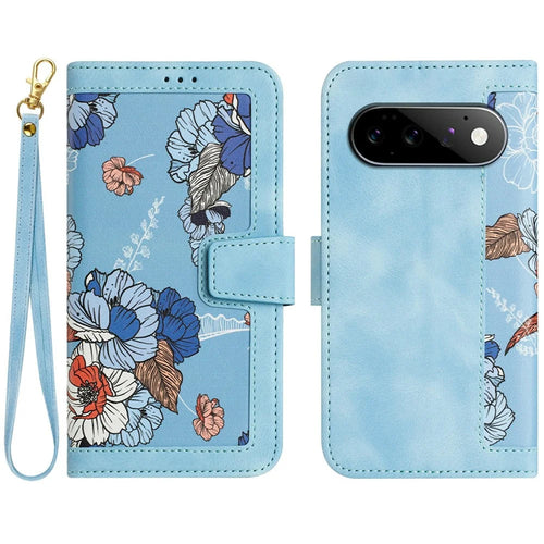 For Google Pixel 11 Pro Case PU Leather Floral Phone Cover with Card Slots and Wrist Strap - Baby Blue - 1
