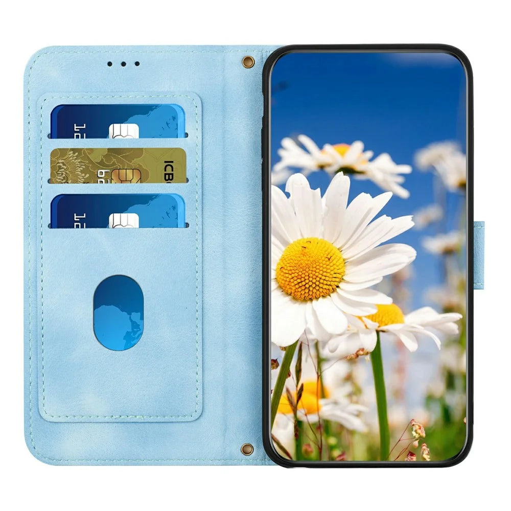 For Google Pixel 11 Pro Case PU Leather Floral Phone Cover with Card Slots and Wrist Strap - Baby Blue - 2