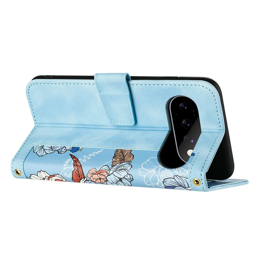 For Google Pixel 11 Pro Case PU Leather Floral Phone Cover with Card Slots and Wrist Strap - Baby Blue - 3