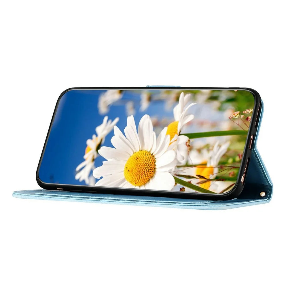 For Google Pixel 11 Pro Case PU Leather Floral Phone Cover with Card Slots and Wrist Strap - Baby Blue - 4