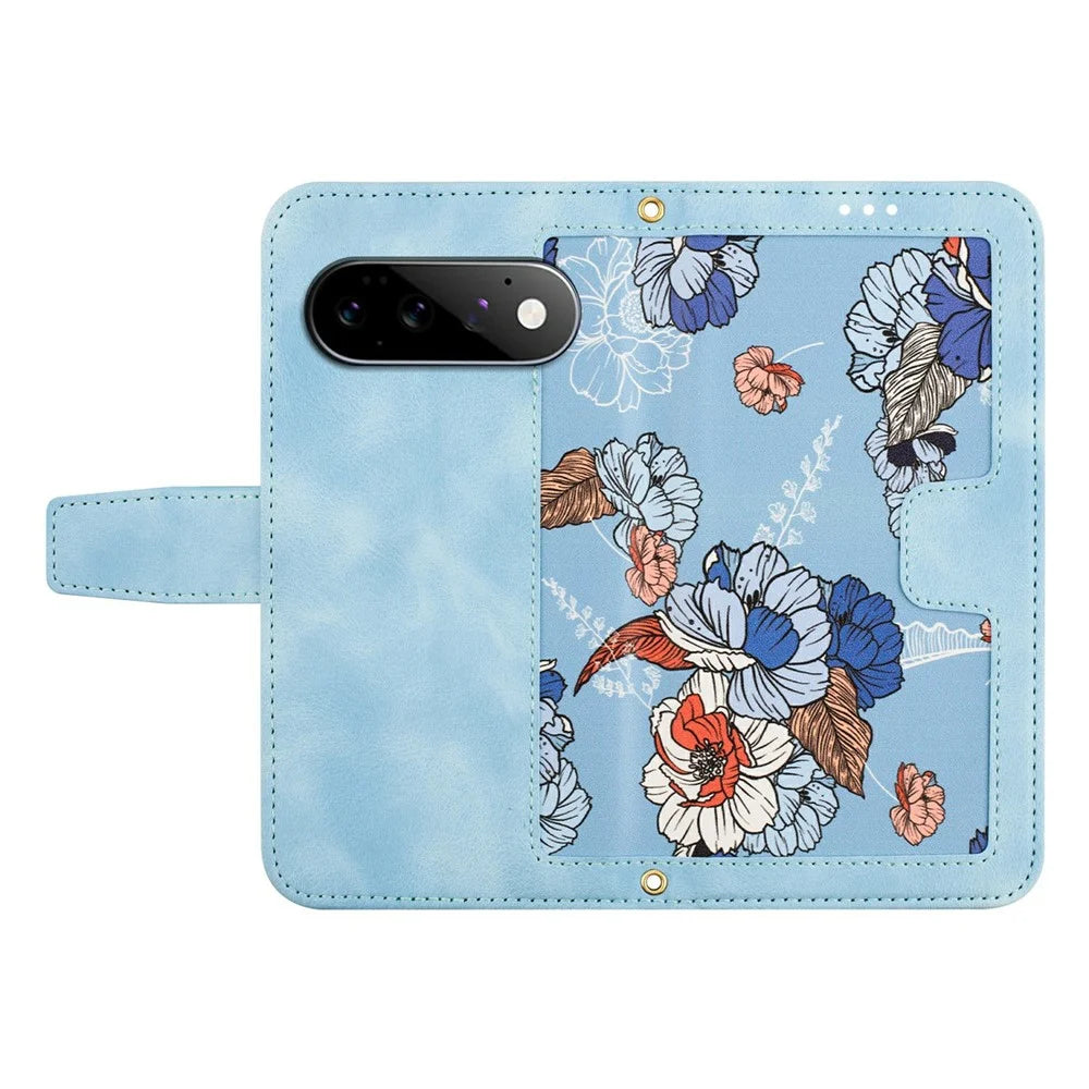 For Google Pixel 11 Pro Case PU Leather Floral Phone Cover with Card Slots and Wrist Strap - Baby Blue - 5