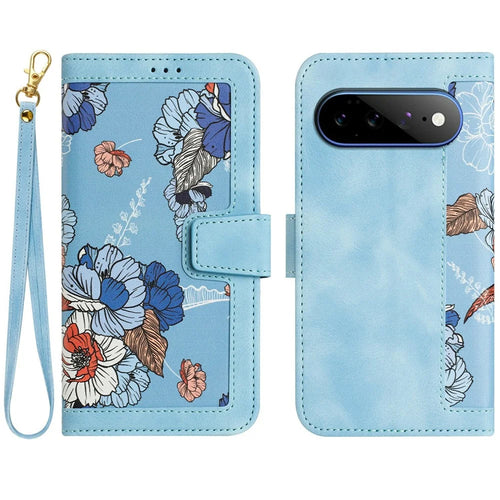 For Google Pixel 11 Pro XL Case PU Leather Floral Phone Cover with Card Slots and Wrist Strap - Baby Blue - 1