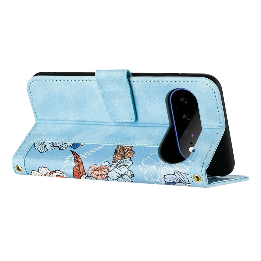 For Google Pixel 11 Pro XL Case PU Leather Floral Phone Cover with Card Slots and Wrist Strap - Baby Blue - 3