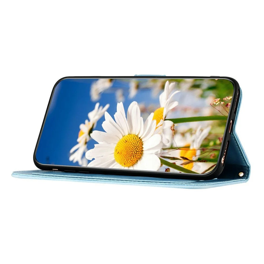 For Google Pixel 11 Pro XL Case PU Leather Floral Phone Cover with Card Slots and Wrist Strap - Baby Blue - 4