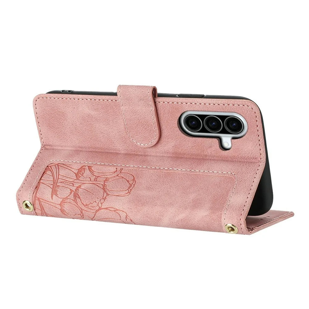 For Samsung Galaxy A27 5G Case Tulip Leather Phone Cover with 5 Card Slots Wallet - Pink - 3
