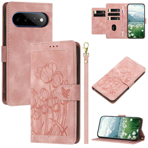 For Google Pixel 11 Pro XL Case Tulip Leather Phone Cover with 5 Card Slots Wallet - Pink - 1