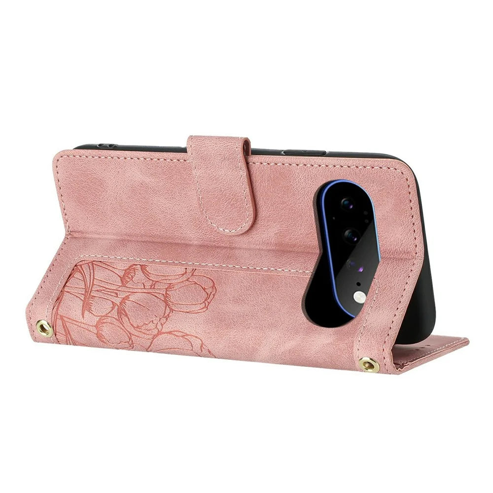 For Google Pixel 11 Pro XL Case Tulip Leather Phone Cover with 5 Card Slots Wallet - Pink - 3