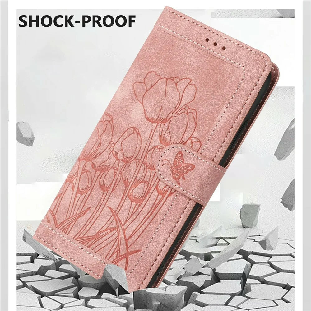 For Google Pixel 11 Pro XL Case Tulip Leather Phone Cover with 5 Card Slots Wallet - Pink - 5