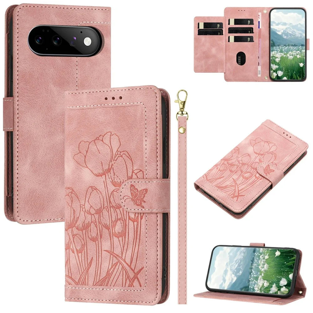 For Google Pixel 11 Pro Case Tulip Leather Phone Cover with 5 Card Slots Wallet - Pink - 1