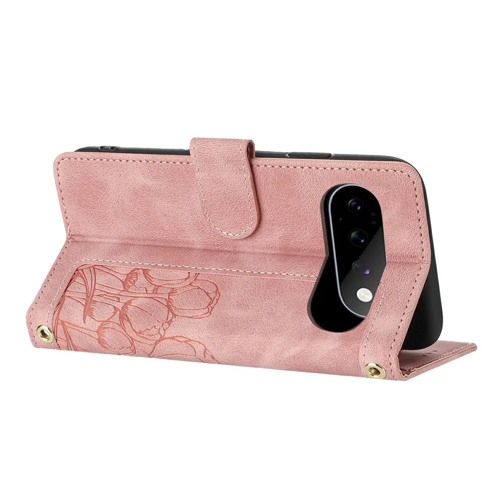 For Google Pixel 11 Pro Case Tulip Leather Phone Cover with 5 Card Slots Wallet - Pink - 3