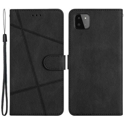 For Samsung Galaxy A22 5G (EU Version) Crazy Horse Texture PU Leather Case Imprinted Lines Wallet Stand Full Protection Flip Phone Cover with Strap - Black - 1