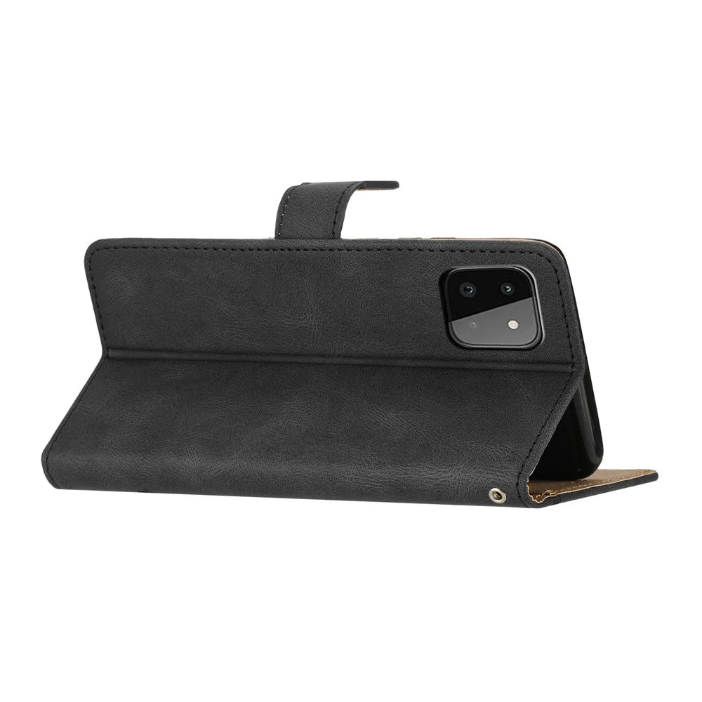 For Samsung Galaxy A22 5G (EU Version) Crazy Horse Texture PU Leather Case Imprinted Lines Wallet Stand Full Protection Flip Phone Cover with Strap - Black - 4