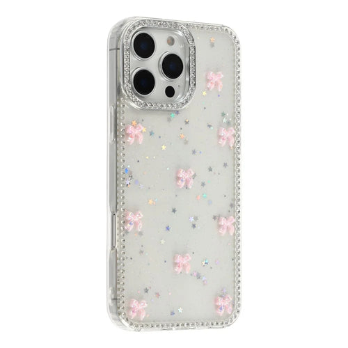 For iPhone 16 Pro Case Rhinestone Aurora Butterfly Bow Glitter TPU + PC IMD Phone Cover - Glitter Little Stars - 1