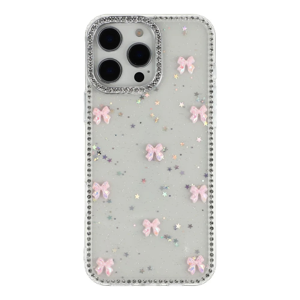 For iPhone 16 Pro Case Rhinestone Aurora Butterfly Bow Glitter TPU + PC IMD Phone Cover - Glitter Little Stars - 2