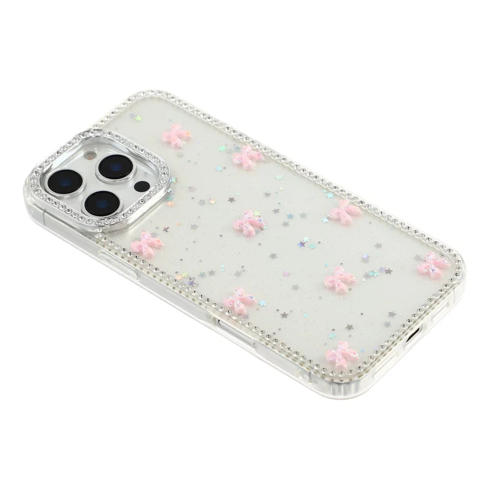 For iPhone 16 Pro Case Rhinestone Aurora Butterfly Bow Glitter TPU + PC IMD Phone Cover - Glitter Little Stars - 4