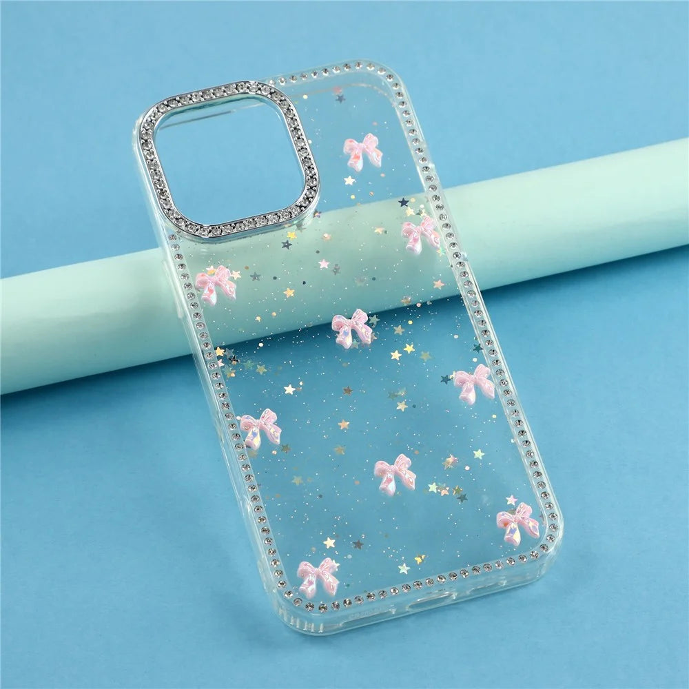For iPhone 16 Pro Case Rhinestone Aurora Butterfly Bow Glitter TPU + PC IMD Phone Cover - Glitter Little Stars - 6