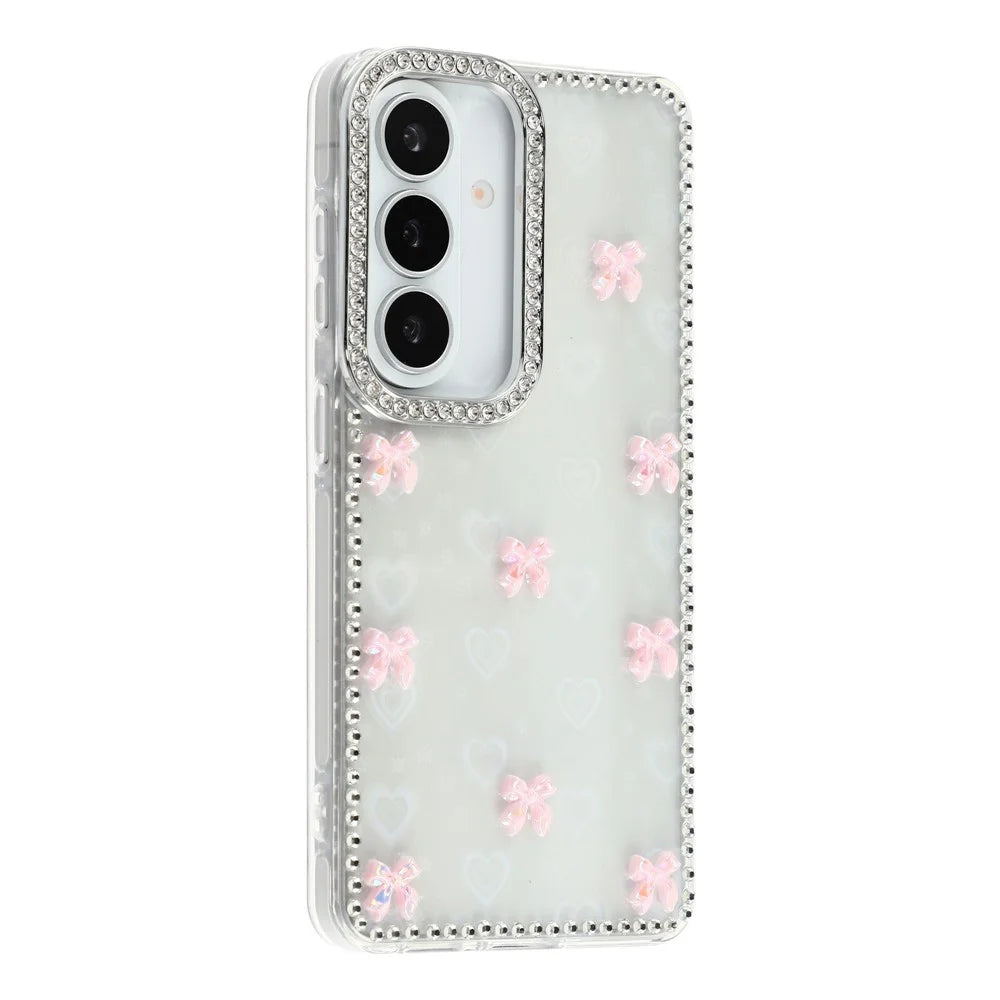 For Samsung Galaxy S26 Case Rhinestone Aurora Butterfly Bow Glitter TPU + PC IMD Phone Cover - Heart Transparent - 1
