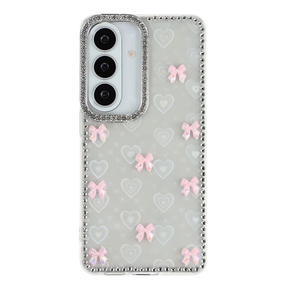 For Samsung Galaxy S26 Case Rhinestone Aurora Butterfly Bow Glitter TPU + PC IMD Phone Cover - Heart Transparent - 3