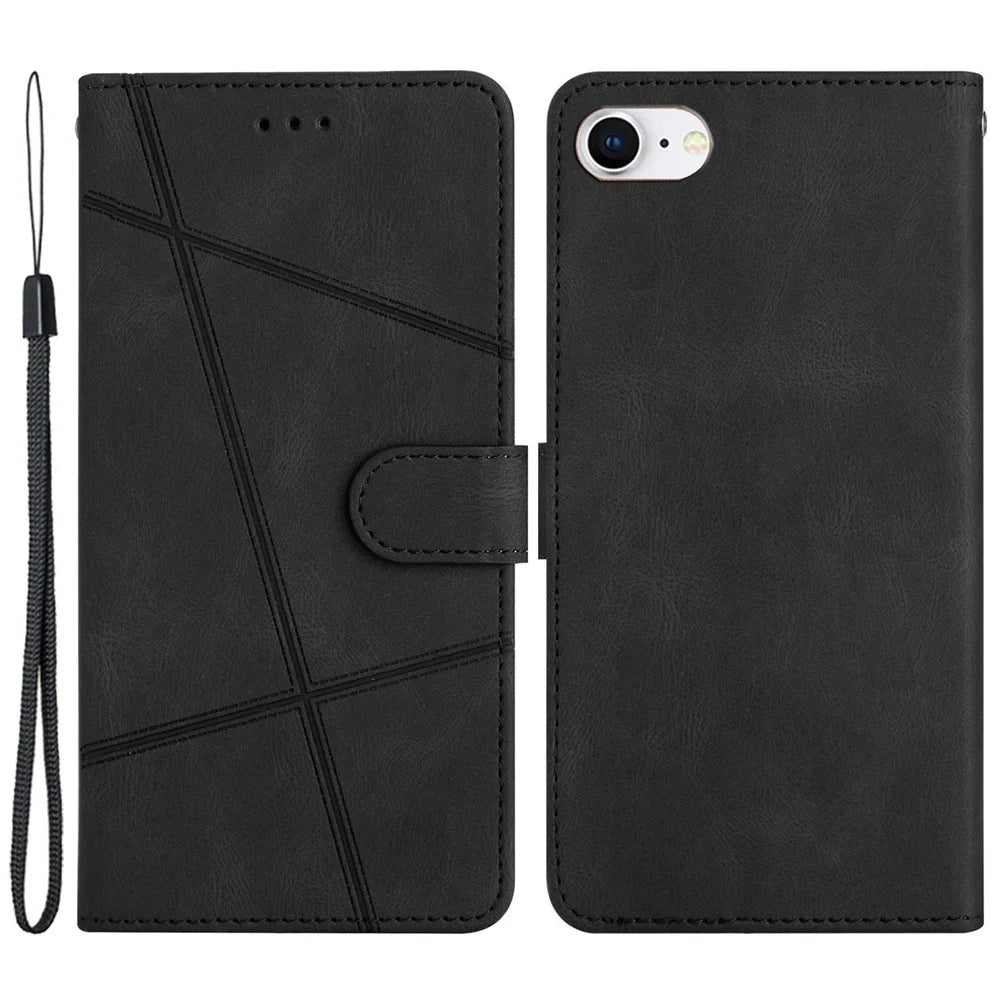 Phone Case for iPhone 6 / 6s / 7 / 8 4.7-inch / iPhone SE (2022) / SE (2020) Lines Imprinted Anti-Drop Stand Case Crazy Horse Texture PU Leather Cover with Strap - Black - 1