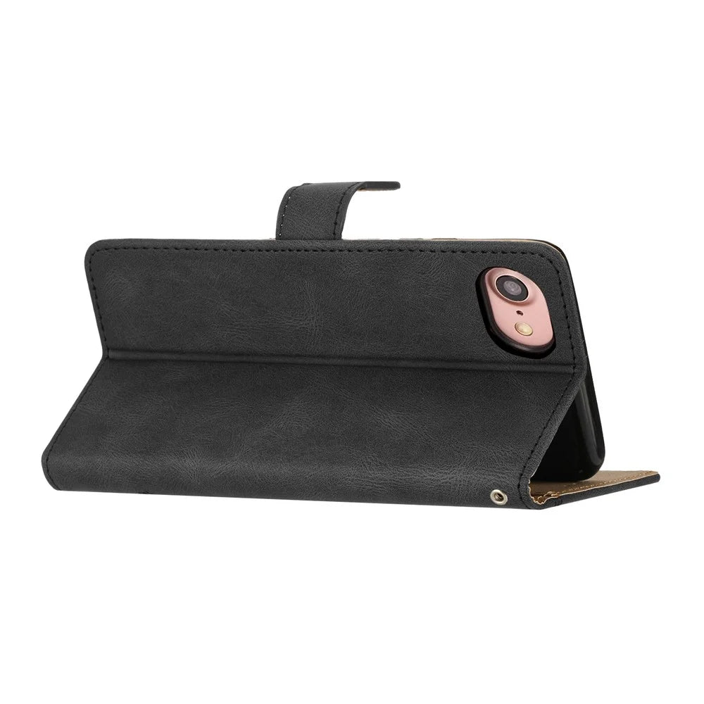 Phone Case for iPhone 6 / 6s / 7 / 8 4.7-inch / iPhone SE (2022) / SE (2020) Lines Imprinted Anti-Drop Stand Case Crazy Horse Texture PU Leather Cover with Strap - Black - 4