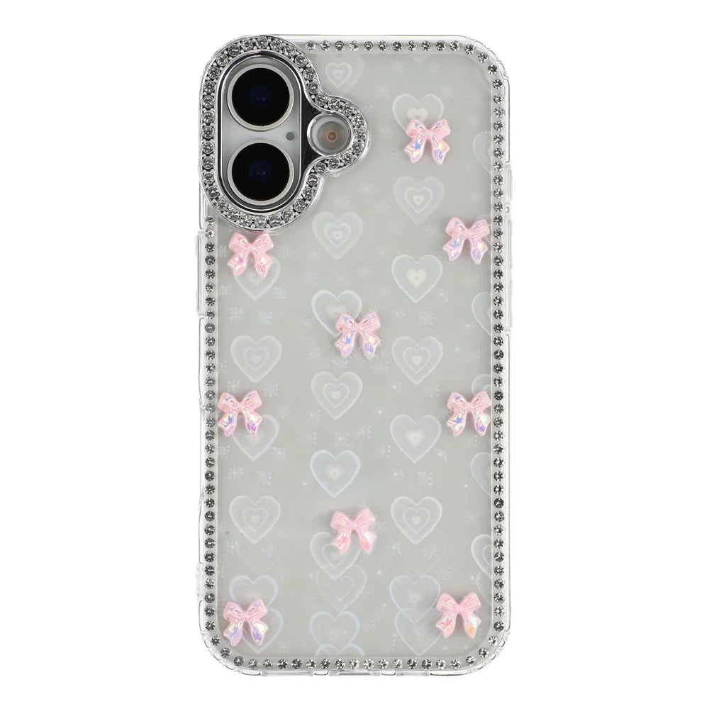 For iPhone 17 Case Rhinestone Aurora Butterfly Bow Glitter TPU + PC IMD Phone Cover - Heart Transparent - 1