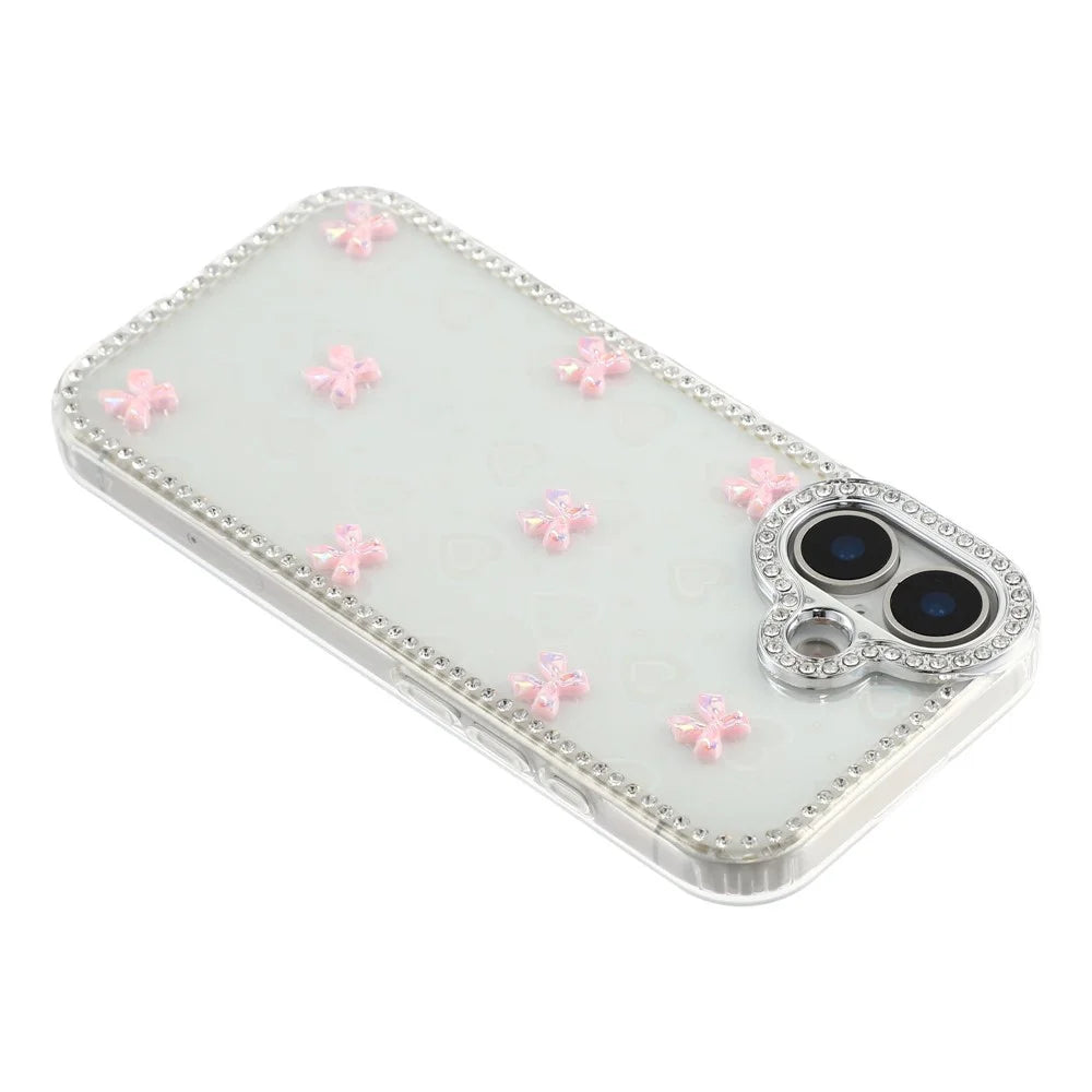 For iPhone 17 Case Rhinestone Aurora Butterfly Bow Glitter TPU + PC IMD Phone Cover - Heart Transparent - 5
