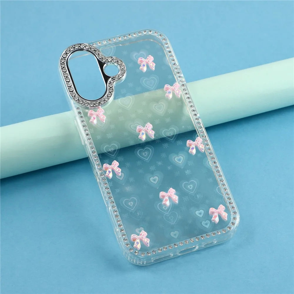 For iPhone 17 Case Rhinestone Aurora Butterfly Bow Glitter TPU + PC IMD Phone Cover - Heart Transparent - 6