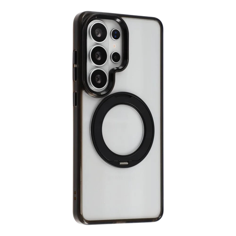 JAUCASE for Samsung Galaxy S26 Ultra Magnetic Case with 360° Rotating Ring Stand Clear TPU PC Shockproof Protective Cover - Transparent Black - 1