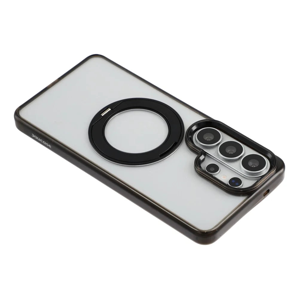 JAUCASE for Samsung Galaxy S26 Ultra Magnetic Case with 360° Rotating Ring Stand Clear TPU PC Shockproof Protective Cover - Transparent Black - 7