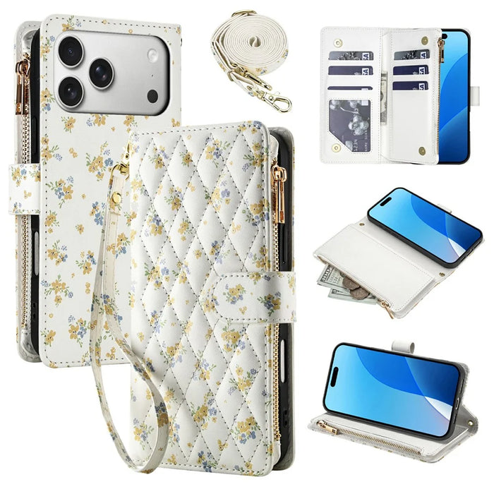 For iPhone 18 Pro / 17 Pro Leather Case with Wrist Strap  /  Shoulder Strap Rhombic Floral Pattern Zipper Wallet Phone Cover - A5 - 1