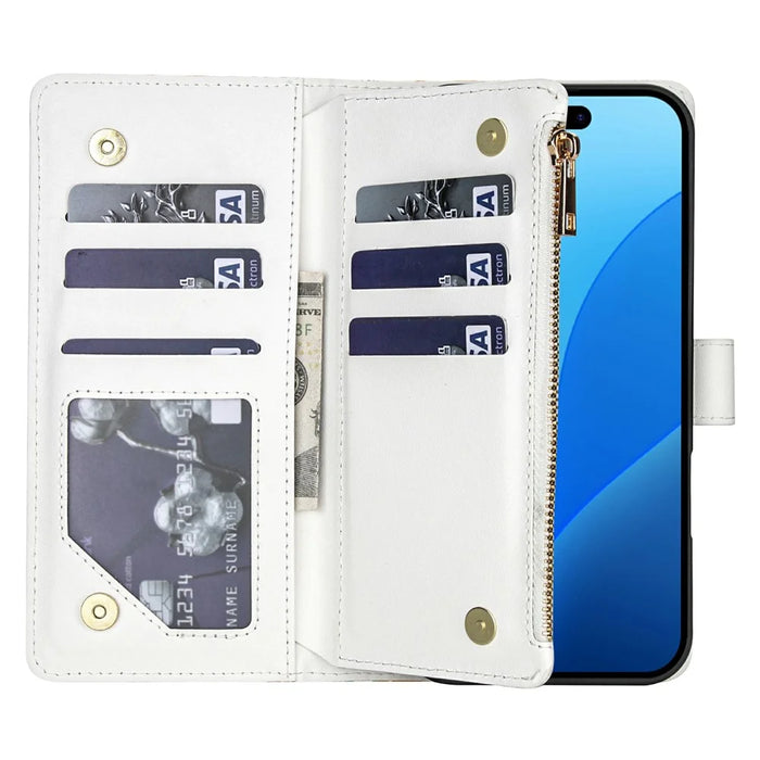 For iPhone 18 Pro / 17 Pro Leather Case with Wrist Strap  /  Shoulder Strap Rhombic Floral Pattern Zipper Wallet Phone Cover - A5 - 2