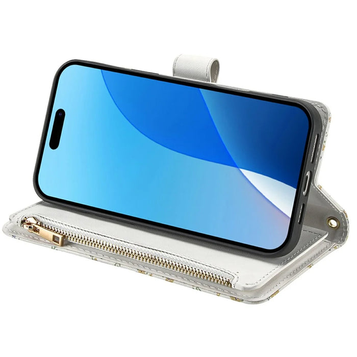 For iPhone 18 Pro / 17 Pro Leather Case with Wrist Strap  /  Shoulder Strap Rhombic Floral Pattern Zipper Wallet Phone Cover - A5 - 4