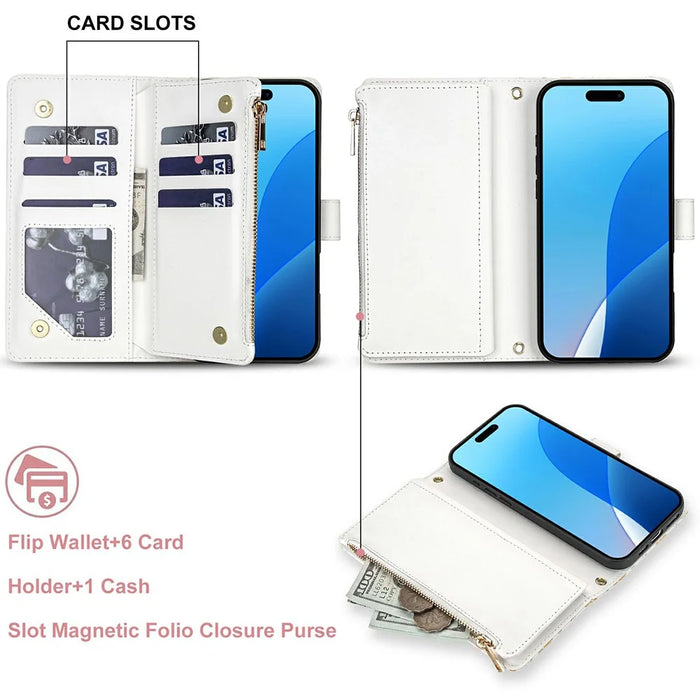 For iPhone 18 Pro / 17 Pro Leather Case with Wrist Strap  /  Shoulder Strap Rhombic Floral Pattern Zipper Wallet Phone Cover - A5 - 7