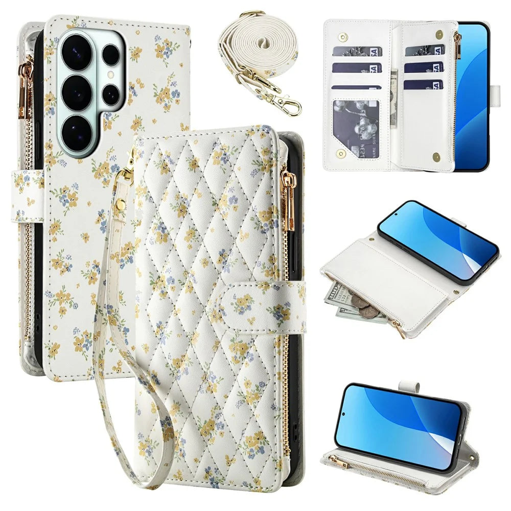 For Samsung Galaxy S26 Ultra Leather Case with Wrist Strap  /  Shoulder Strap Rhombic Floral Pattern Zipper Wallet Phone Cover - A5 - 1