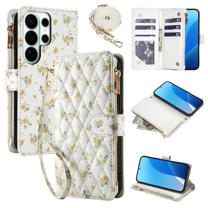 For Samsung Galaxy S26 Ultra Leather Case with Wrist Strap  /  Shoulder Strap Rhombic Floral Pattern Zipper Wallet Phone Cover - A5 - 1