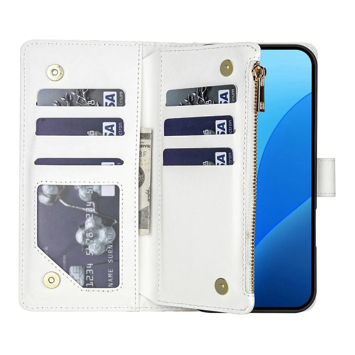 For Samsung Galaxy S26 Ultra Leather Case with Wrist Strap  /  Shoulder Strap Rhombic Floral Pattern Zipper Wallet Phone Cover - A5 - 2