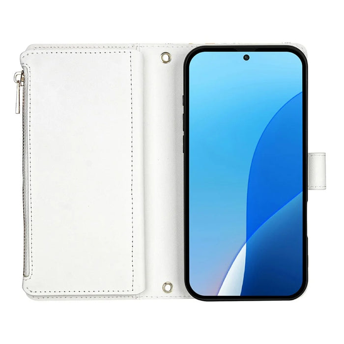 For Samsung Galaxy S26 Ultra Leather Case with Wrist Strap  /  Shoulder Strap Rhombic Floral Pattern Zipper Wallet Phone Cover - A5 - 3